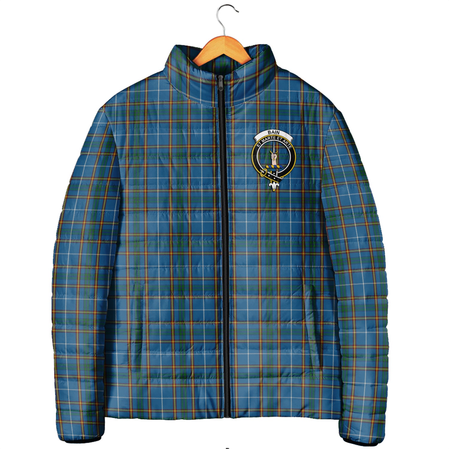 Bain Tartan Padded Jacket with Family Crest Men's Padded Jacket - Tartan Vibes Clothing