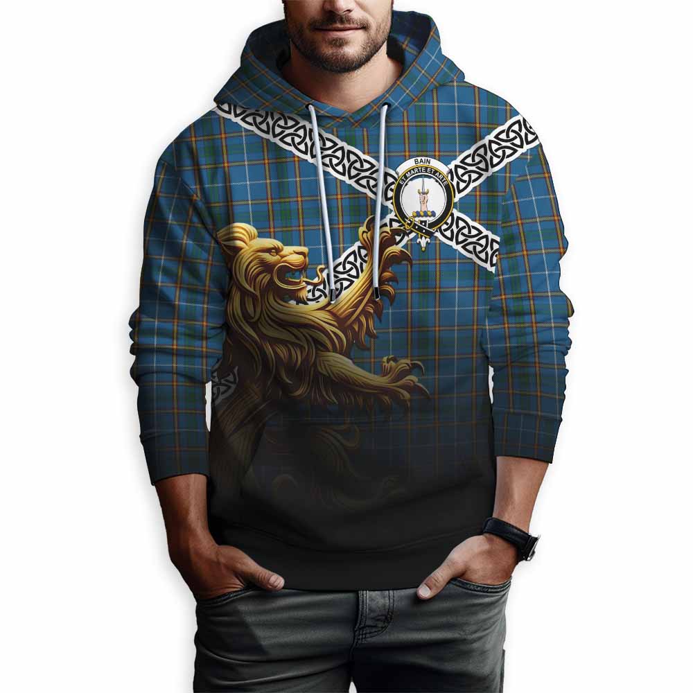 Bain Crest Tartan Hoodie with Golden Lion Emblem Celtic Style Pullover Hoodie - Tartan Vibes Clothing