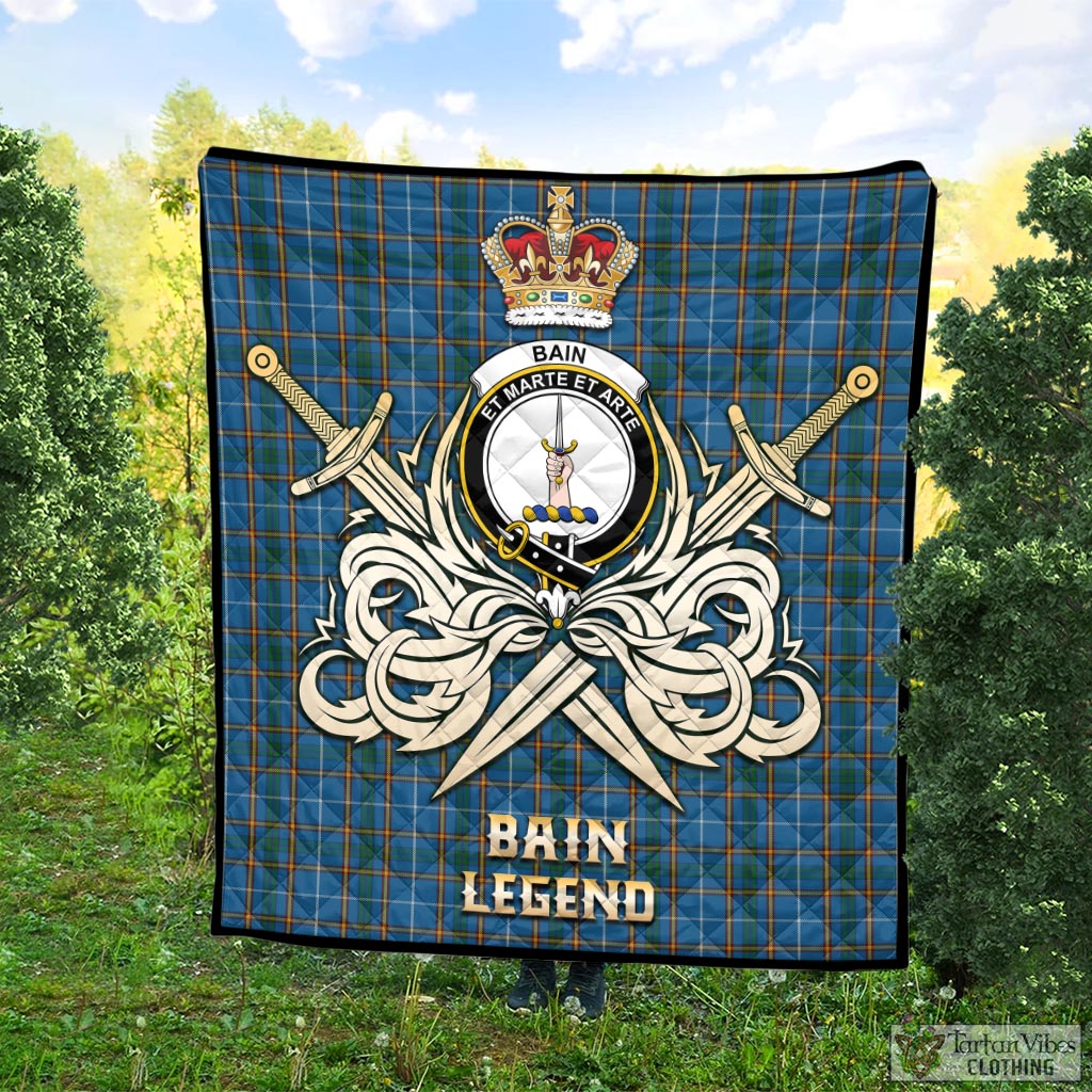 Tartan Vibes Clothing Bain Tartan Quilt with Clan Crest and the Golden Sword of Courageous Legacy