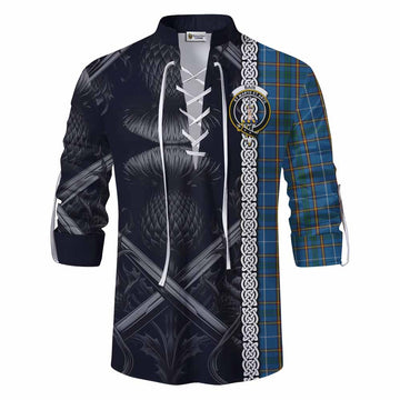 Bain Tartan Ghillie Kilt Shirt with Family Crest Cross Sword Thistle Celtic Vibes Men - Tartan Vibes Clothing
