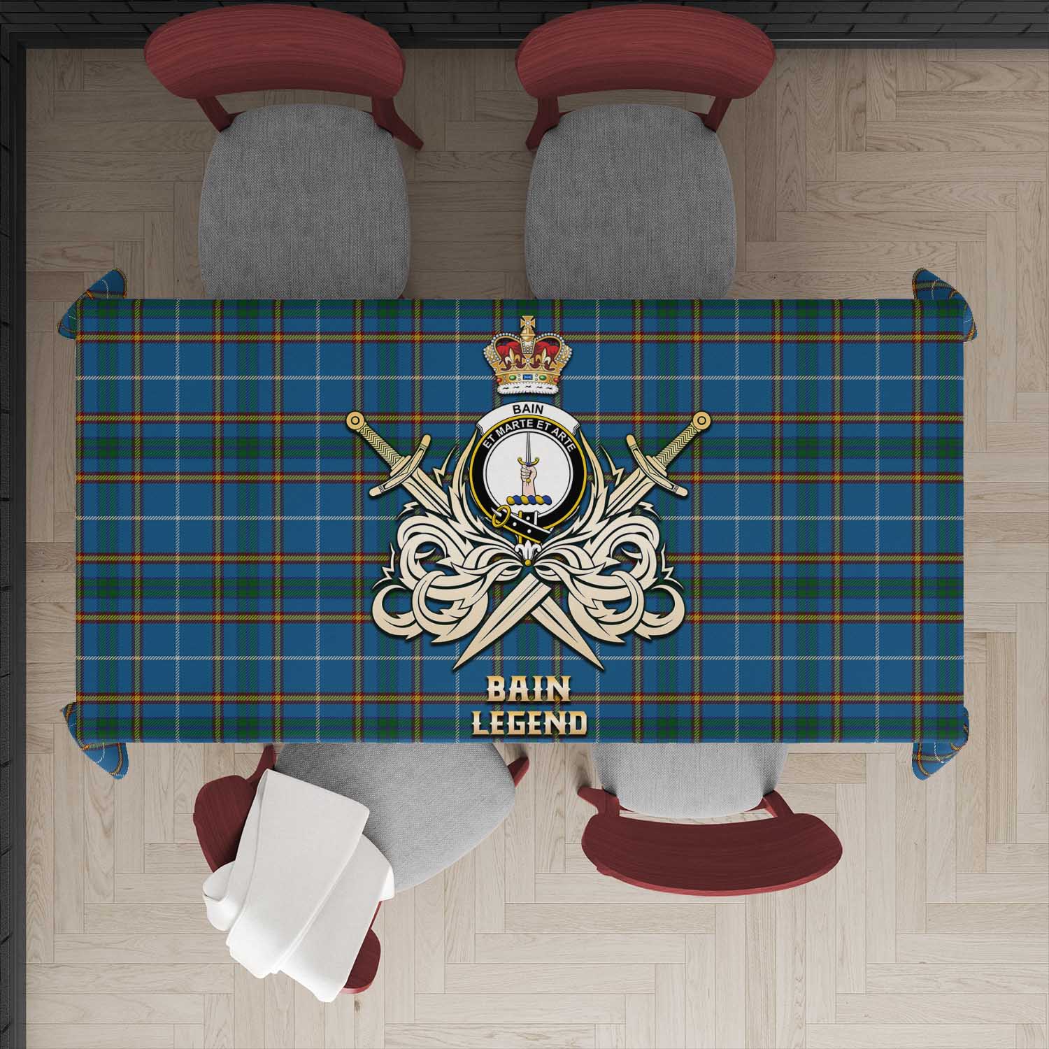 Bain Tartan Tablecloth with Clan Crest and the Golden Sword of Courageous Legacy - Tartan Vibes Clothing