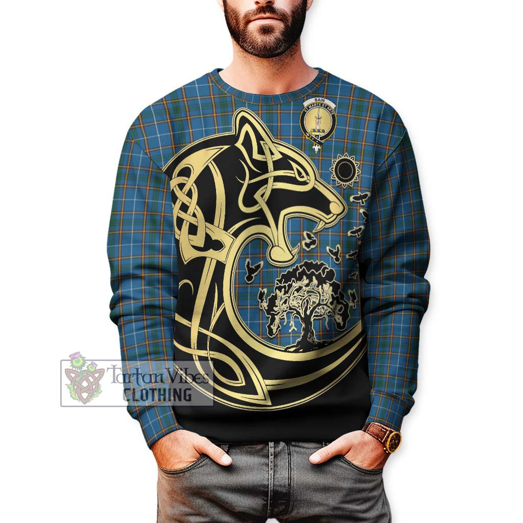 Bain Tartan Sweatshirt with Family Crest Celtic Wolf Style Unisex - Tartan Vibes Clothing