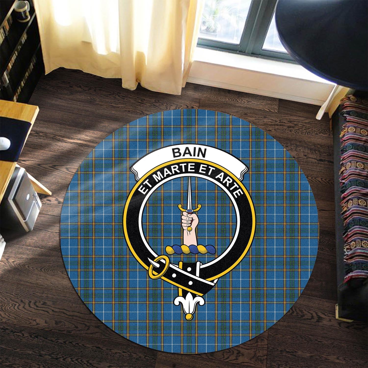 Bain Tartan Round Rug with Family Crest Premium Round Rug - Tartan Vibes Clothing