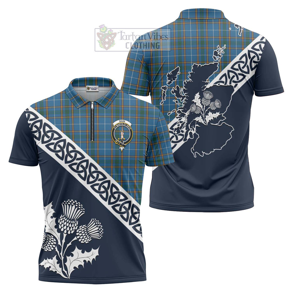 Bain Tartan Zipper Polo Shirt Featuring Thistle and Scotland Map Unisex - Tartanvibesclothing Store