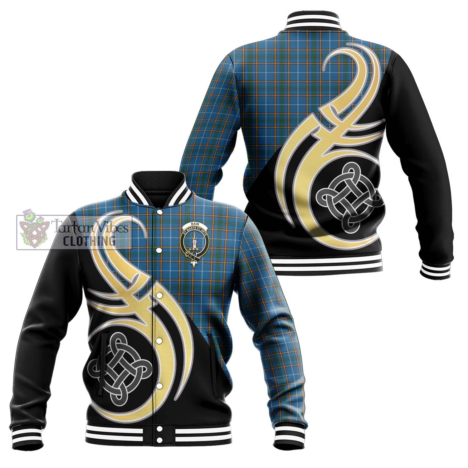 Bain Tartan Baseball Jacket with Family Crest and Celtic Symbol Style Unisex - Tartan Vibes Clothing