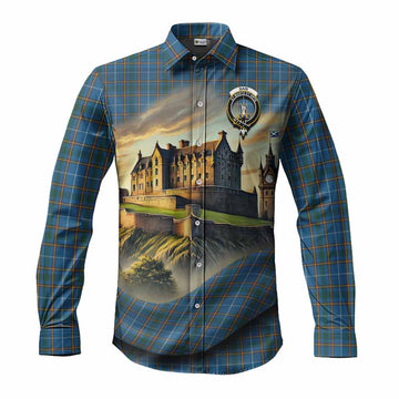 Tartan Vibes Clothing Bain Tartan Family Crest Long Sleeve Button Shirt with Scottish Ancient Castle Style
