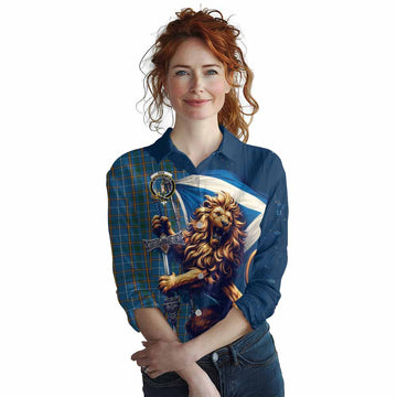 Bain Tartan Family Crest Women's Casual Shirt with Scottish Majestic Lion Female - Tartan Vibes Clothing