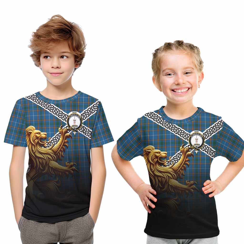 Bain Crest Tartan Kid T-Shirt with Golden Lion Emblem Celtic Style Youth XL Size14 - Tartan Vibes Clothing