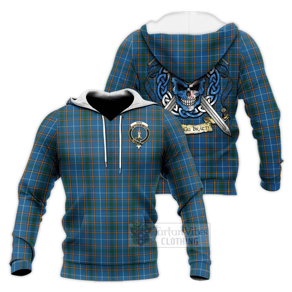 Bain Tartan Knitted Hoodie with Family Crest Celtic Skull Style Unisex Knitted Pullover Hoodie - Tartan Vibes Clothing