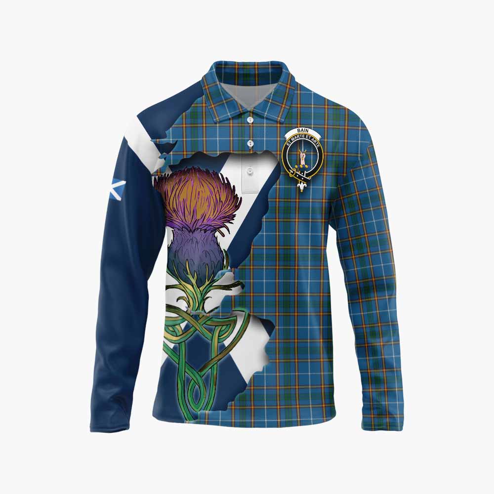 Tartan Vibes Clothing Bain Tartan Family Crest Long Sleeve Polo Shirt Scottish Thistle Celtic Inspired