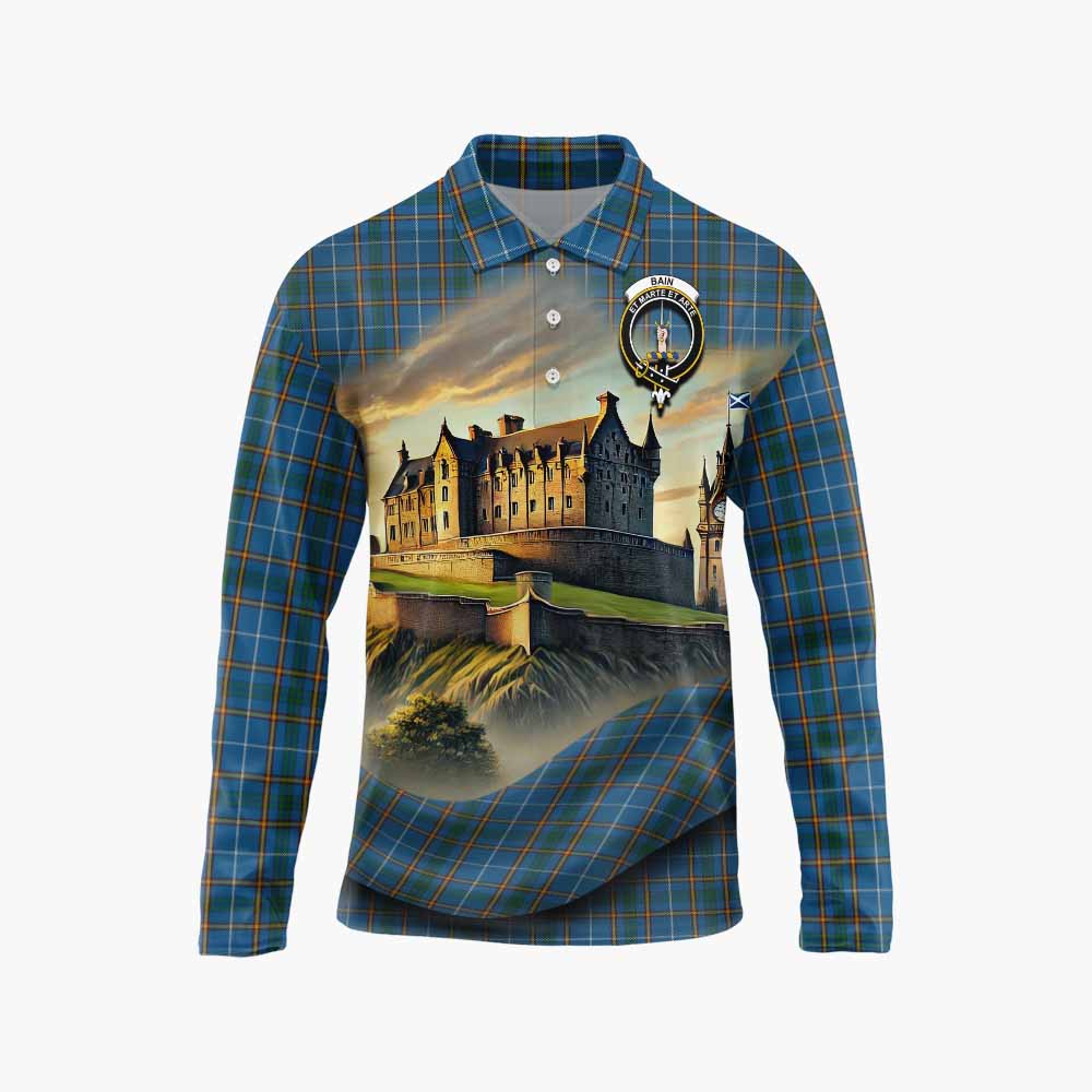 Bain Tartan Family Crest Long Sleeve Polo Shirt with Scottish Ancient Castle Style Unisex - Tartan Vibes Clothing