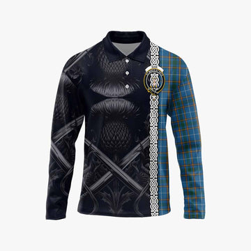 Bain Tartan Long Sleeve Polo Shirt with Family Crest Cross Sword Thistle Celtic Vibes Unisex - Tartan Vibes Clothing