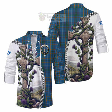 Bain Tartan Ghillie Kilt Shirt with Family Crest and St. Andrew's Cross Accented by Thistle Vines Men - Tartan Vibes Clothing