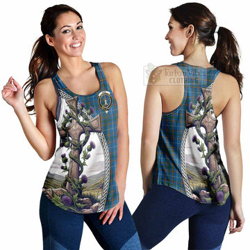 Bain Tartan Women's Racerback Tanks with Family Crest and St. Andrew's Cross Accented by Thistle Vines 4XL - Tartan Vibes Clothing