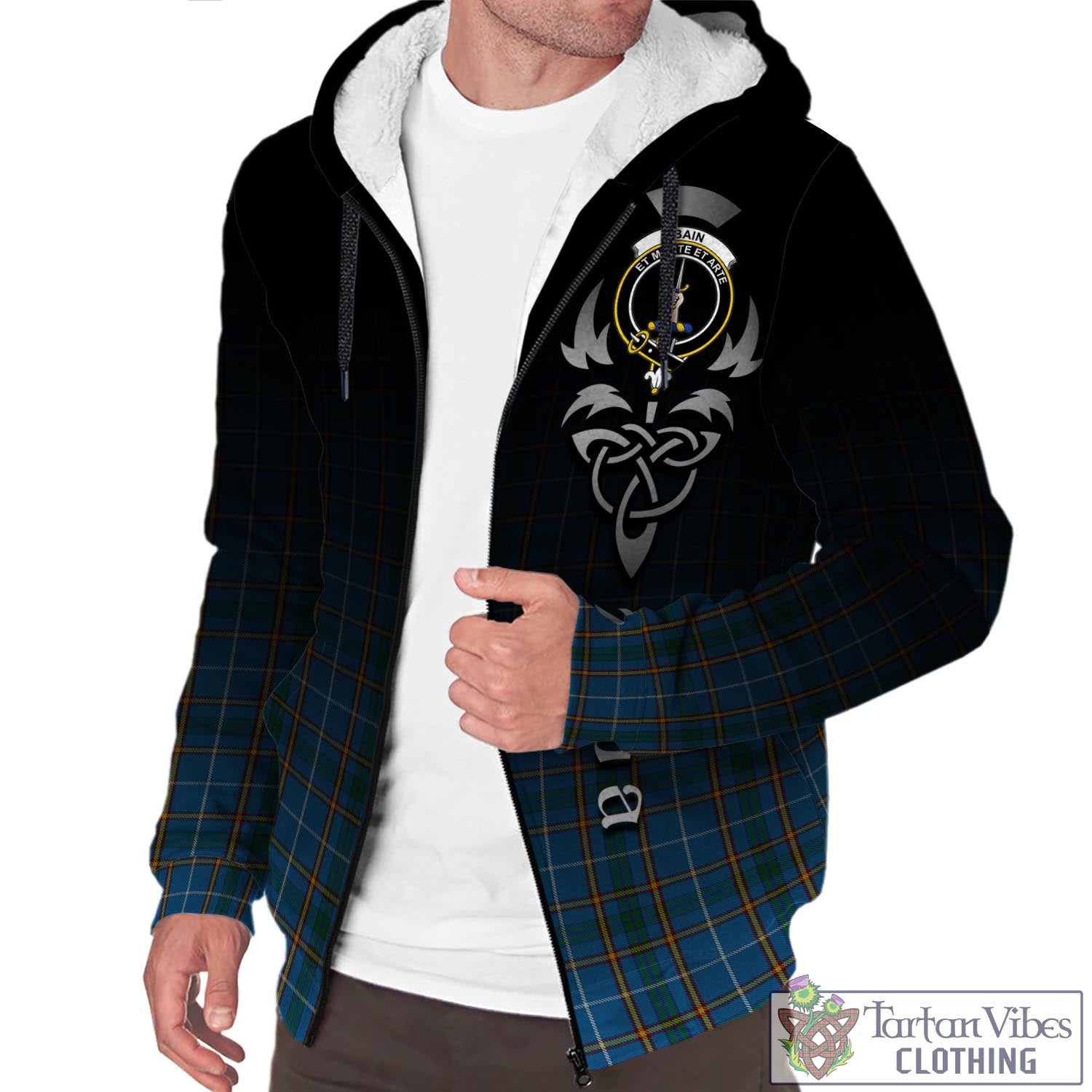 Bain Tartan Sherpa Hoodie Featuring Alba Gu Brath Family Crest Celtic Inspired Unisex - Tartan Vibes Clothing