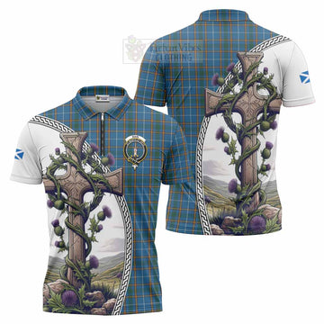 Bain Tartan Zipper Polo Shirt with Family Crest and St. Andrew's Cross Accented by Thistle Vines Unisex - Tartan Vibes Clothing