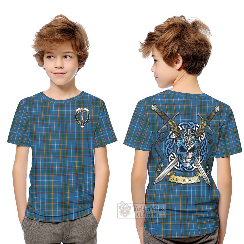Bain Tartan Kid T-Shirt with Family Crest Celtic Skull Style Youth XL Size14 - Tartan Vibes Clothing