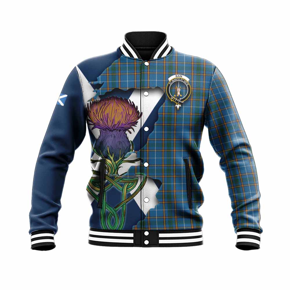 Tartan Vibes Clothing Bain Tartan Family Crest Baseball Jacket Scottish Thistle Celtic Inspired