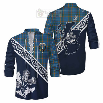 Bain Tartan Ghillie Kilt Shirt Featuring Thistle and Scotland Map Men - Tartan Vibes Clothing