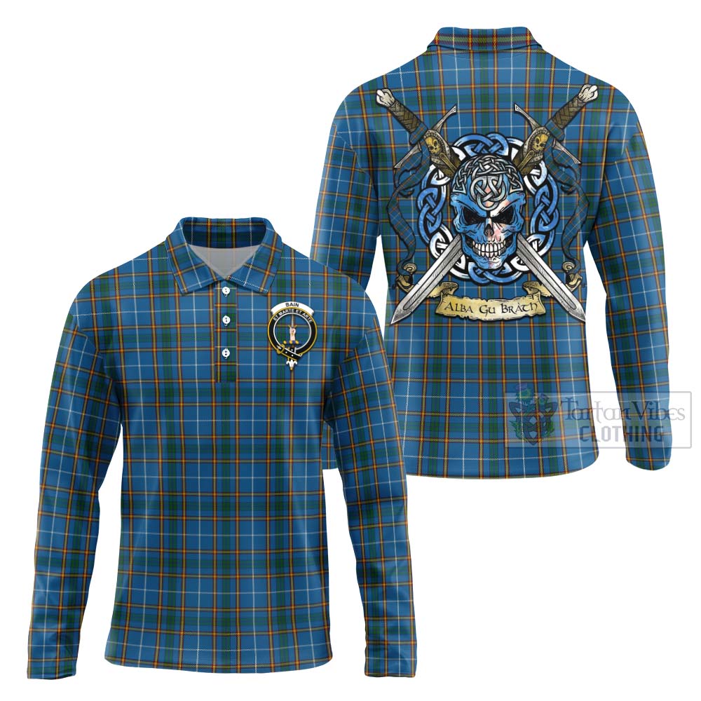 Bain Tartan Long Sleeve Polo Shirt with Family Crest Celtic Skull Style Unisex - Tartan Vibes Clothing