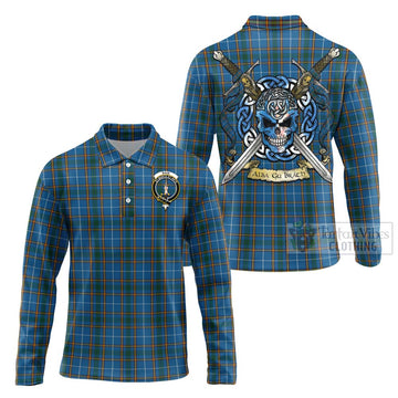 Tartan Vibes Clothing Bain Tartan Long Sleeve Polo Shirt with Family Crest Celtic Skull Style