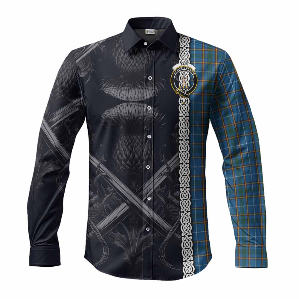 Tartan Vibes Clothing Bain Tartan Long Sleeve Button Shirt with Family Crest Cross Sword Thistle Celtic Vibes
