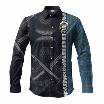 Tartan Vibes Clothing Bain Tartan Long Sleeve Button Shirt with Family Crest Cross Sword Thistle Celtic Vibes