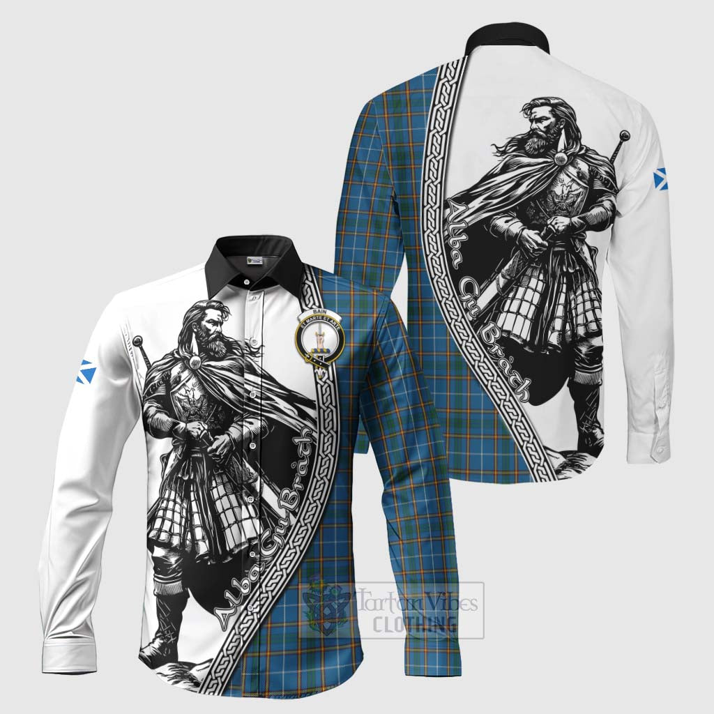 Bain Tartan Clan Crest Long Sleeve Button Shirt with Highlander Warrior Celtic Style Men's Shirt S - Tartan Vibes Clothing