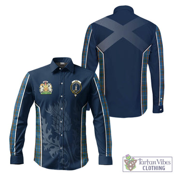 Bain Tartan Long Sleeve Button Up Shirt with Family Crest and Scottish Thistle Vibes Sport Style Men's Shirt - Tartan Vibes Clothing
