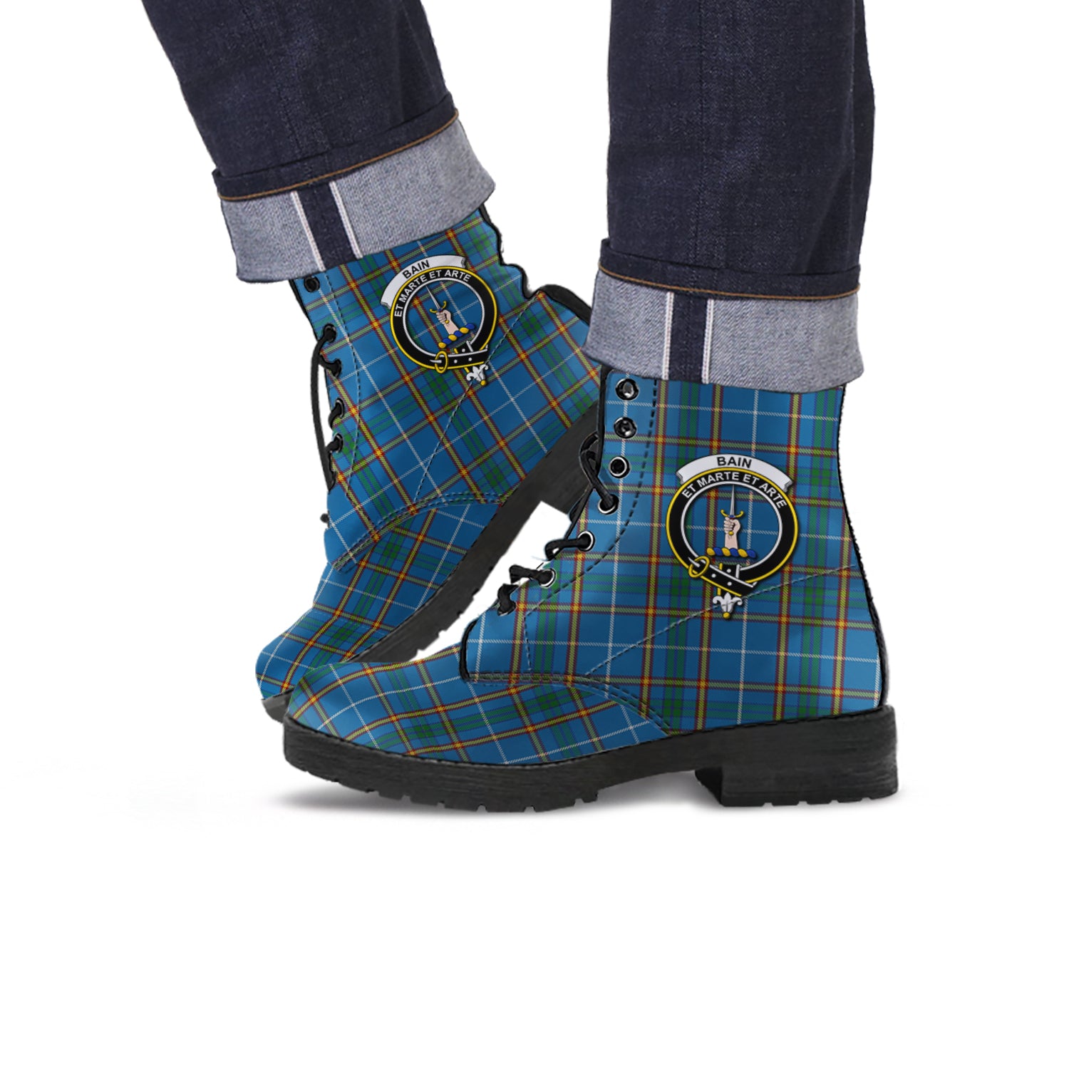 Bain Tartan Leather Boots with Family Crest - Tartanvibesclothing