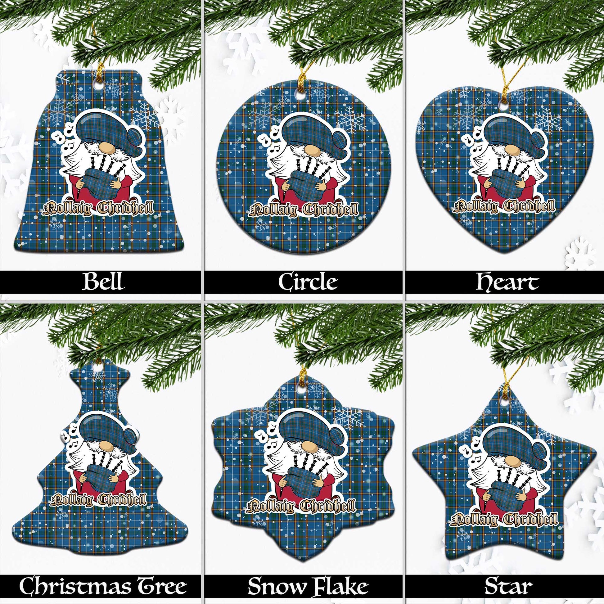 Bain Tartan Christmas Ceramic Ornaments with Scottish Gnome Playing Bagpipes Ceramic - Tartan Vibes Clothing