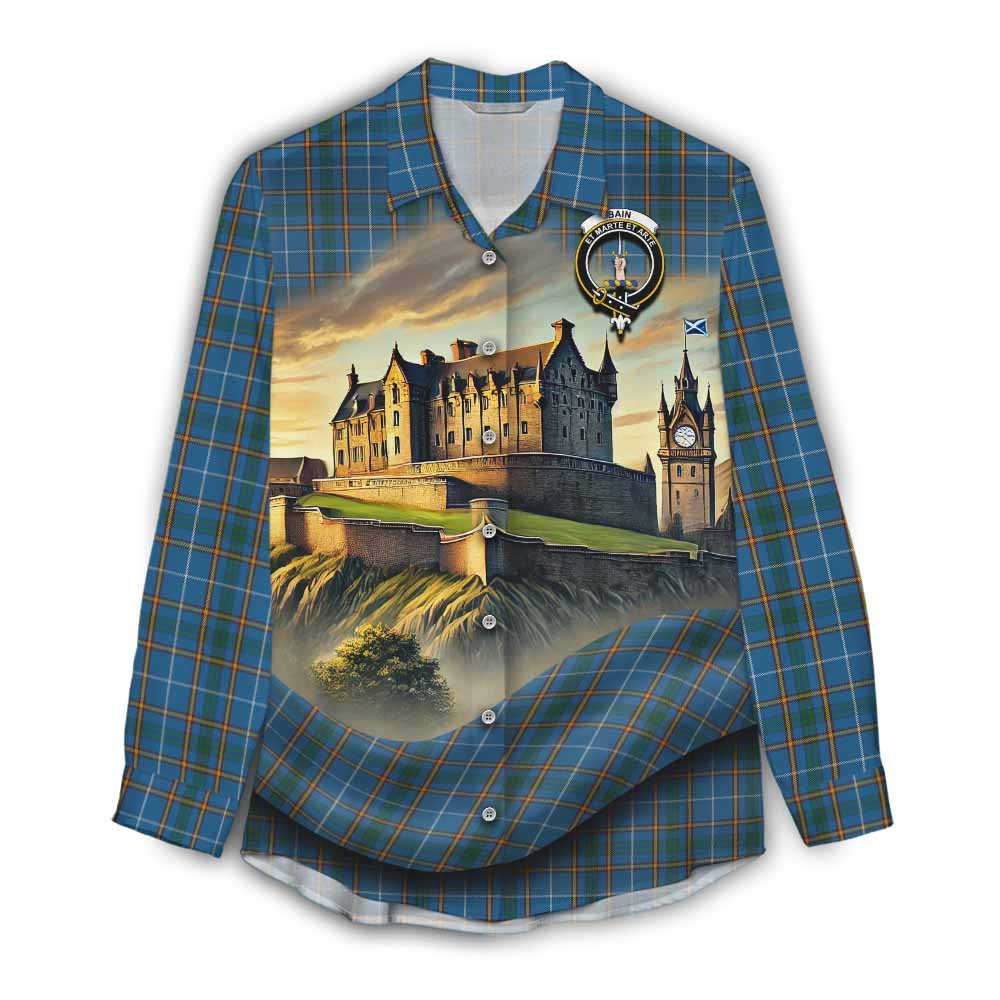 Bain Tartan Family Crest Women's Casual Shirt with Scottish Ancient Castle Style Female - Tartan Vibes Clothing