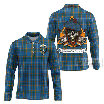 Bain Tartan Long Sleeve Polo Shirt with Family Crest and Bearded Skull Holding Bottles of Whiskey Unisex - Tartan Vibes Clothing