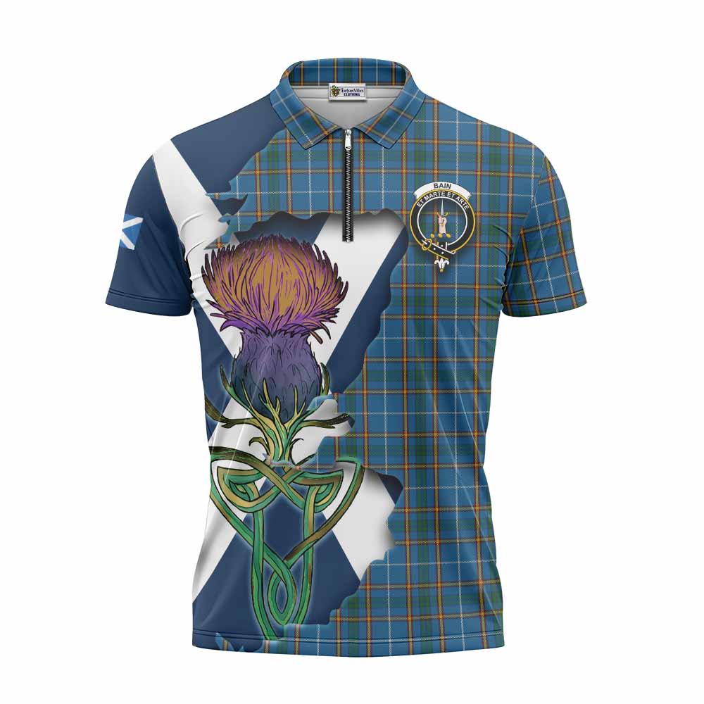 Tartan Vibes Clothing Bain Tartan Family Crest Zipper Polo Shirt Scottish Thistle Celtic Inspired