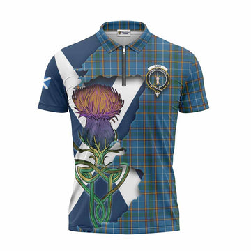 Tartan Vibes Clothing Bain Tartan Family Crest Zipper Polo Shirt Scottish Thistle Celtic Inspired