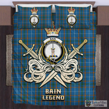 Tartan Vibes Clothing Bain Tartan Bedding Set with Clan Crest and the Golden Sword of Courageous Legacy