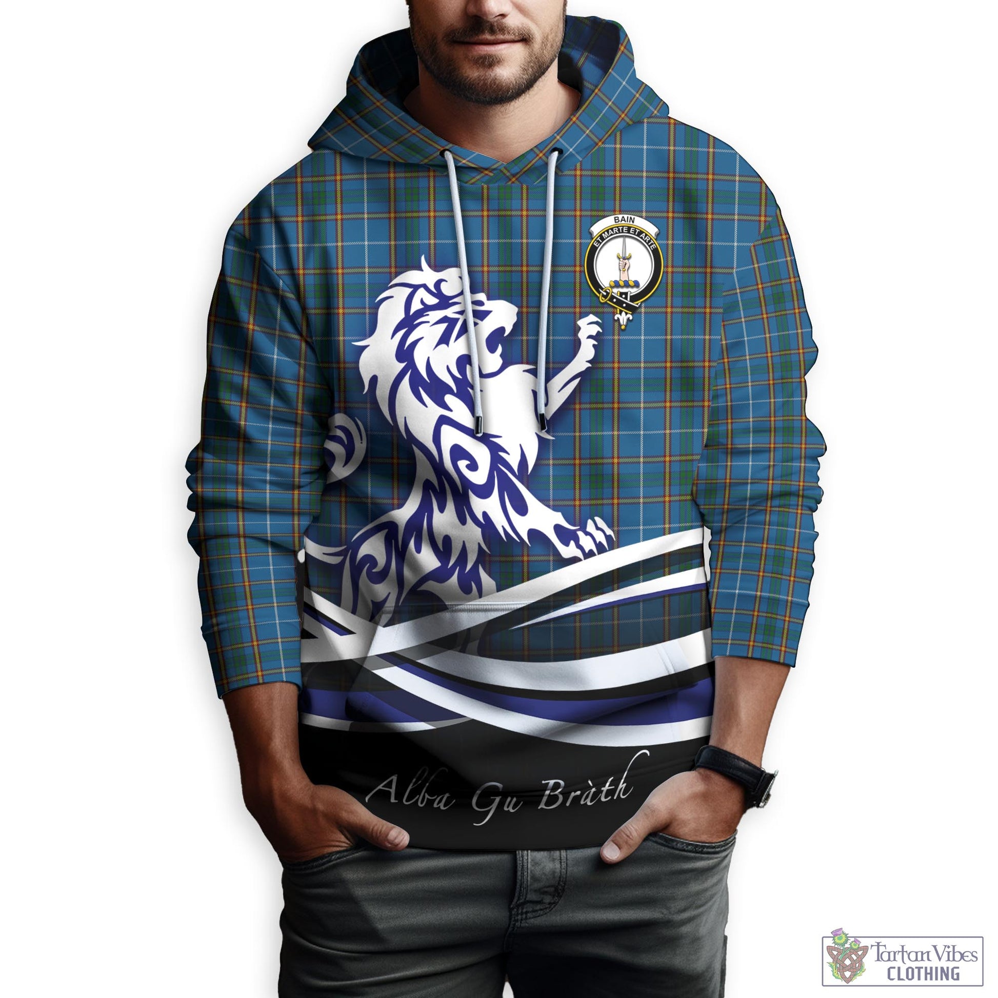 Bain Tartan Hoodie with Alba Gu Brath Regal Lion Emblem Zip Hoodie - Tartan Vibes Clothing