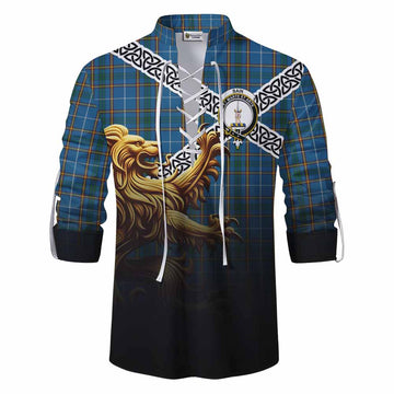 Bain Crest Tartan Ghillie Kilt Shirt with Golden Lion Emblem Celtic Style Men - Tartan Vibes Clothing