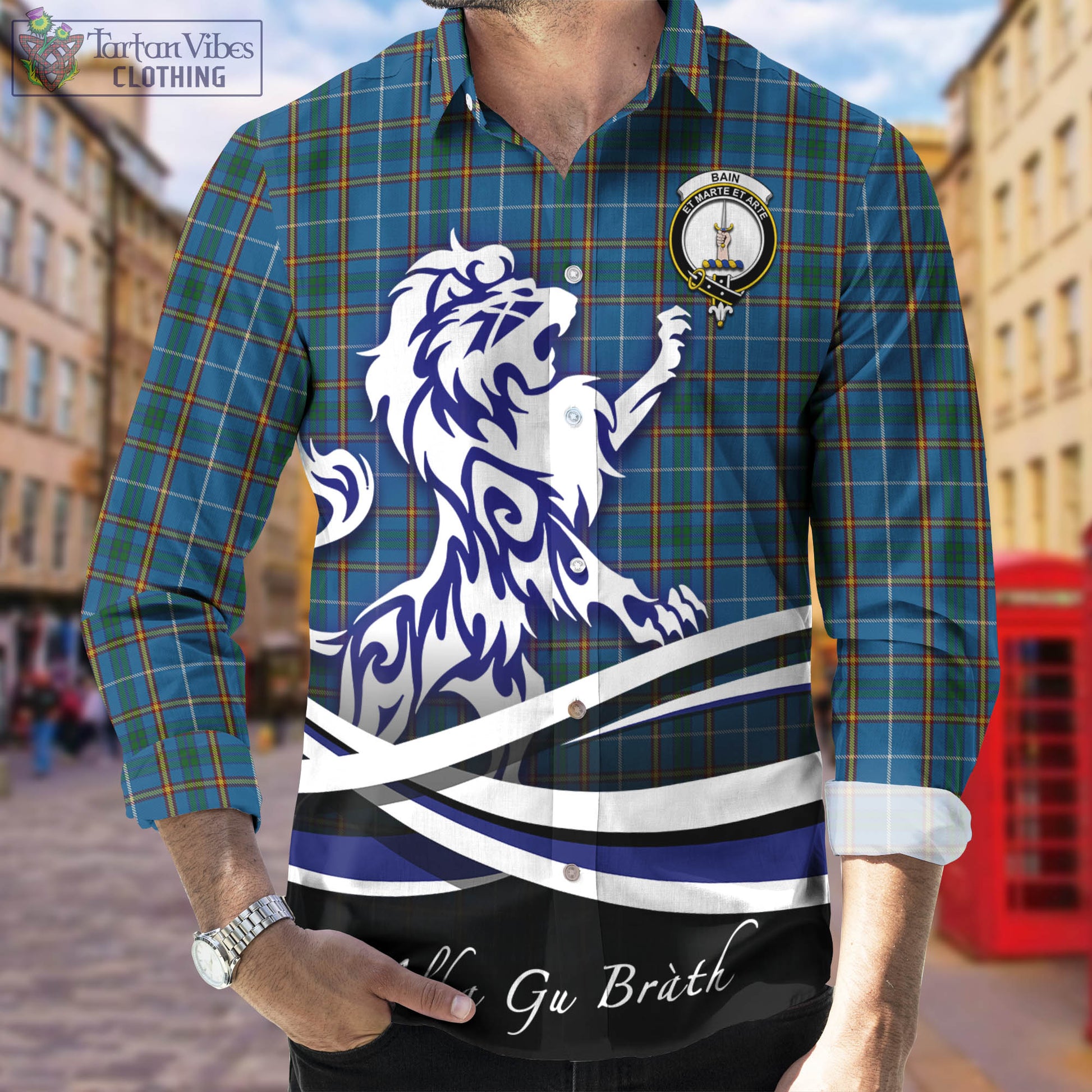 Bain Tartan Long Sleeve Button Up Shirt with Alba Gu Brath Regal Lion Emblem Men's Shirt - Tartan Vibes Clothing