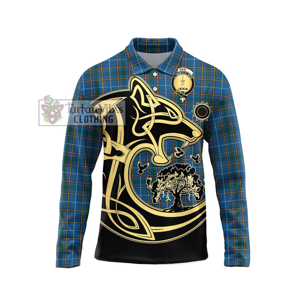 Bain Tartan Long Sleeve Polo Shirt with Family Crest Celtic Wolf Style Unisex - Tartan Vibes Clothing