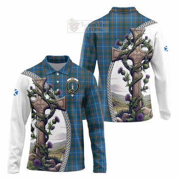 Bain Tartan Long Sleeve Polo Shirt with Family Crest and St. Andrew's Cross Accented by Thistle Vines Unisex - Tartan Vibes Clothing