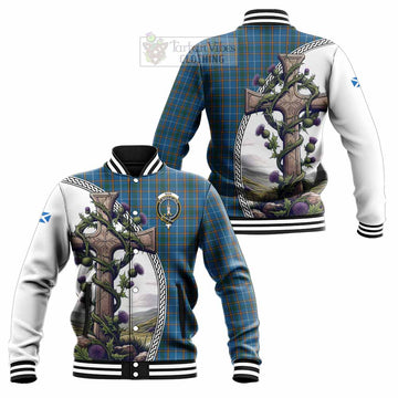 Bain Tartan Baseball Jacket with Family Crest and St. Andrew's Cross Accented by Thistle Vines Unisex - Tartan Vibes Clothing