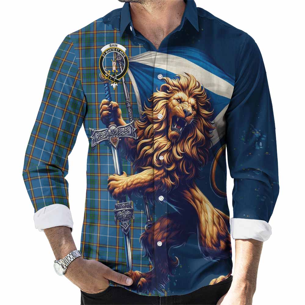 Bain Tartan Family Crest Long Sleeve Button Shirt with Scottish Majestic Lion Men's Shirt S - Tartan Vibes Clothing