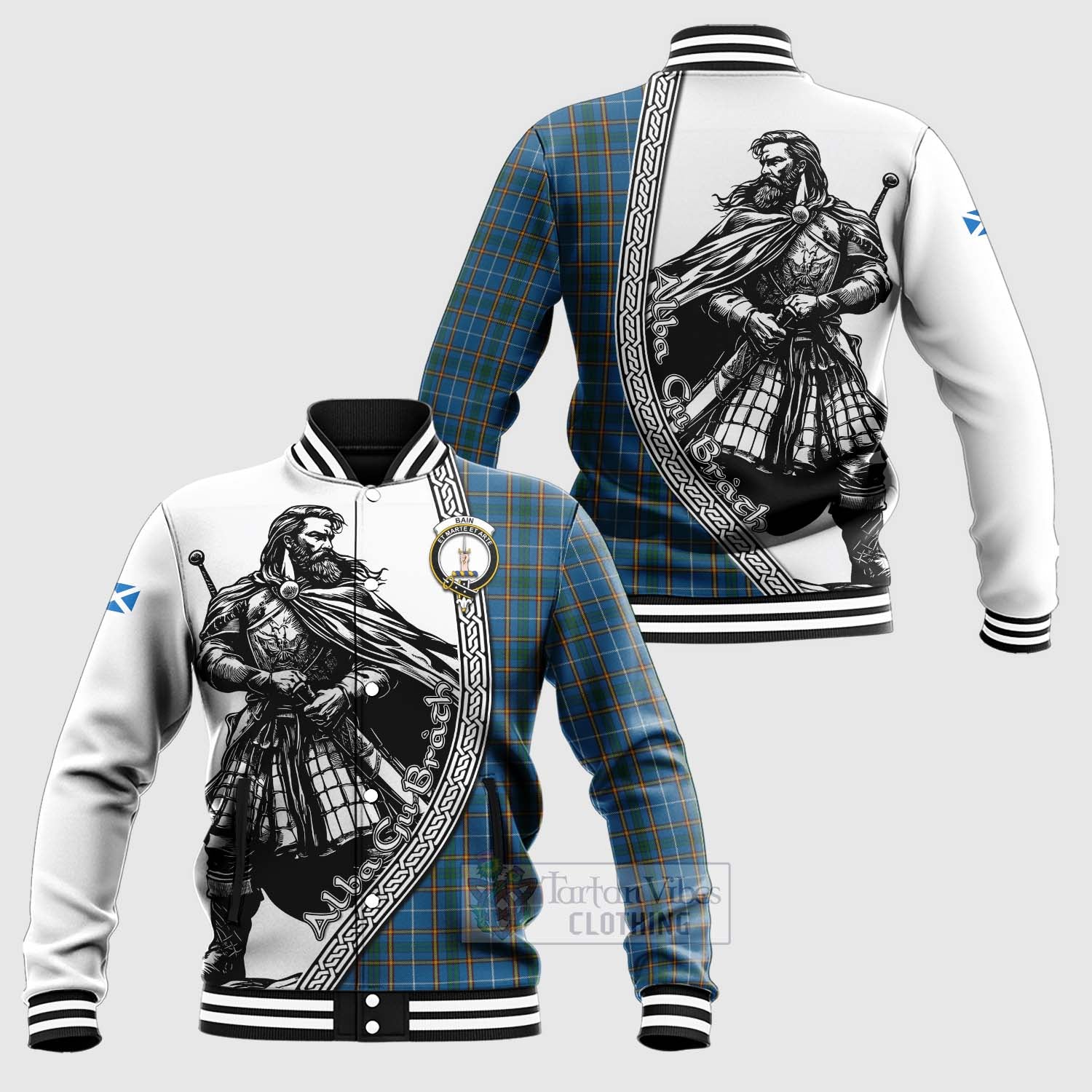 Bain Tartan Clan Crest Baseball Jacket with Highlander Warrior Celtic Style Unisex - Tartan Vibes Clothing