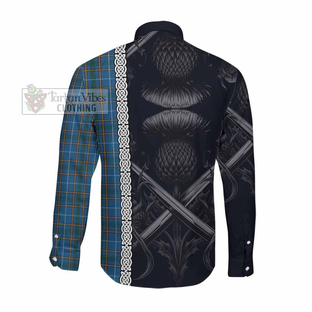 Tartan Vibes Clothing Bain Tartan Long Sleeve Button Shirt with Family Crest Cross Sword Thistle Celtic Vibes