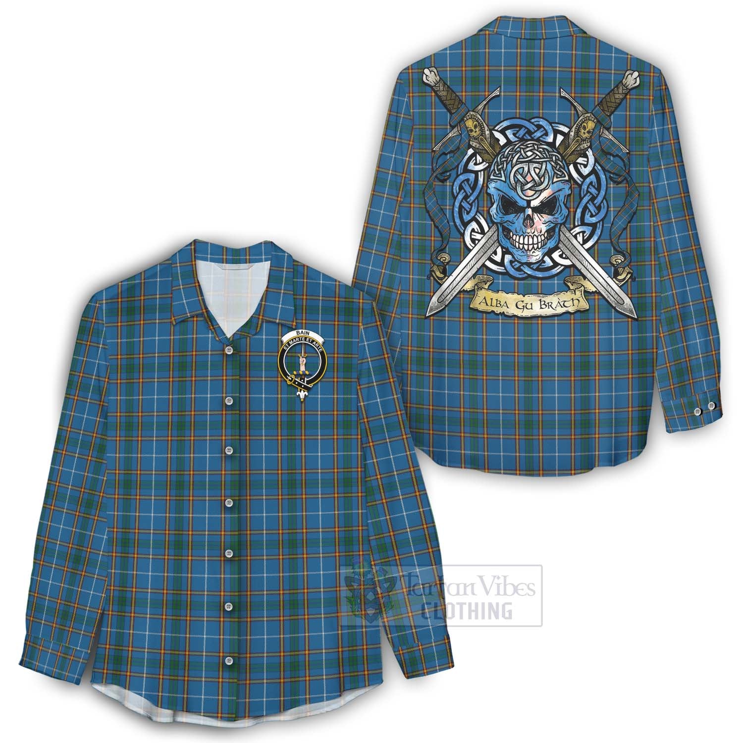 Bain Tartan Women's Casual Shirt with Family Crest Celtic Skull Style - Tartan Vibes Clothing