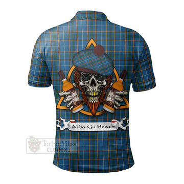 Bain Tartan Polo Shirt with Family Crest and Bearded Skull Holding Bottles of Whiskey - Tartan Vibes Clothing
