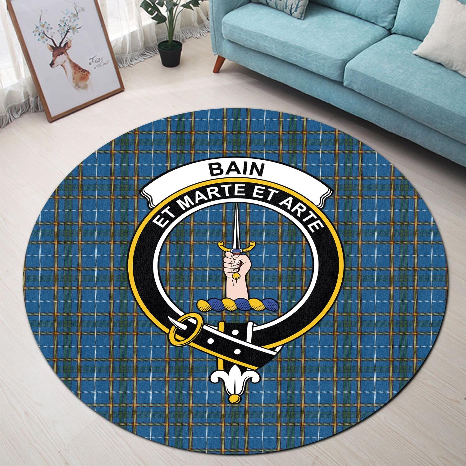 Bain Tartan Round Rug with Family Crest - Tartan Vibes Clothing
