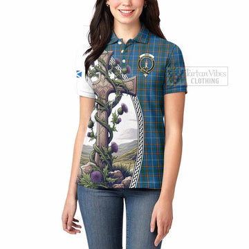 Bain Tartan Women's Polo Shirt with Family Crest and St. Andrew's Cross Accented by Thistle Vines - Tartan Vibes Clothing