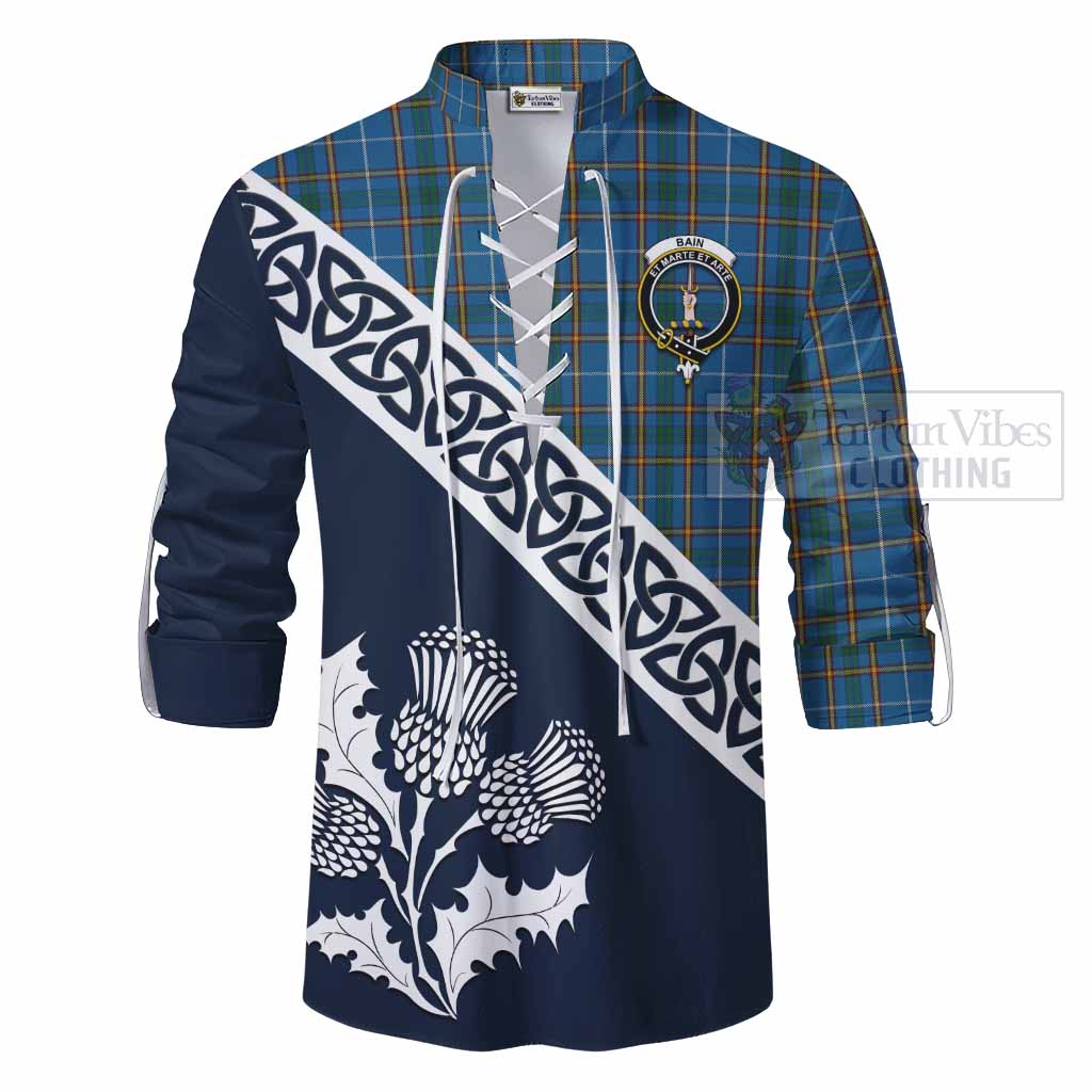 Bain Tartan Ghillie Kilt Shirt Featuring Thistle and Scotland Map - Tartan Vibes Clothing